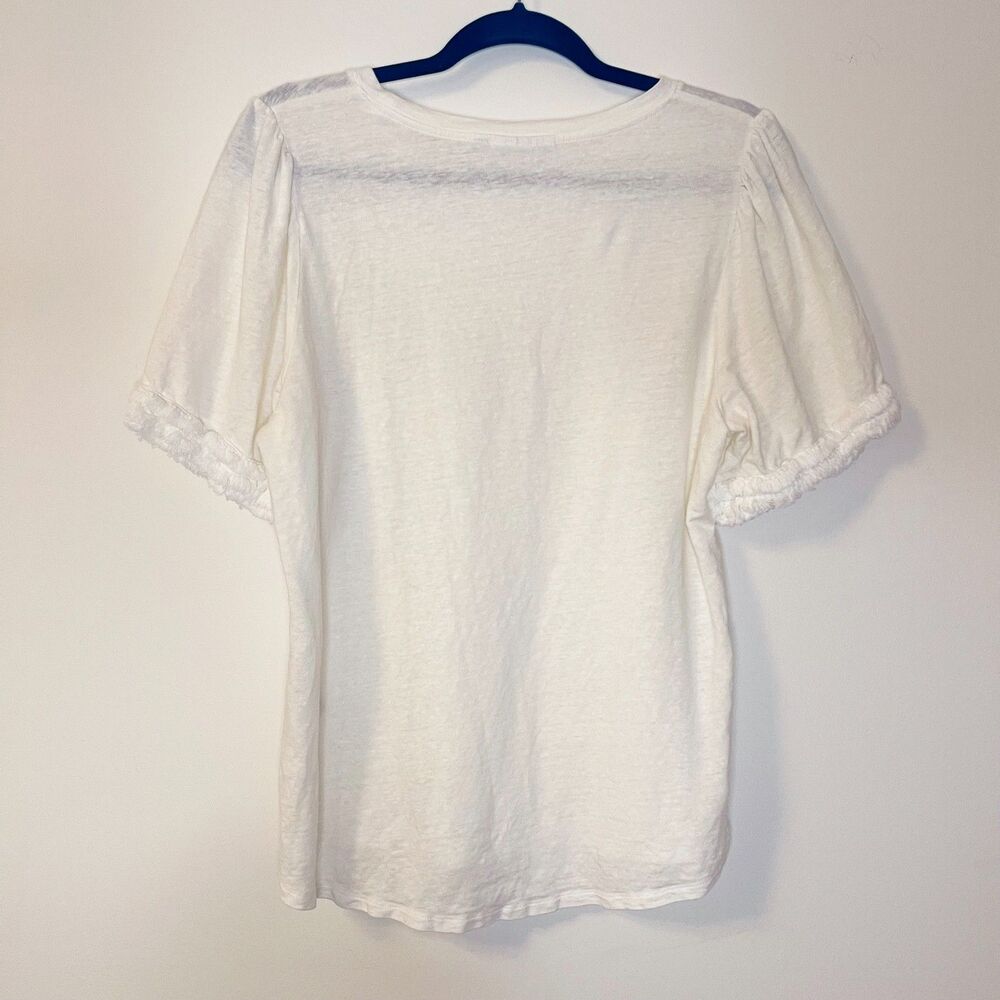 Chico’s 95% Linen Tee Size 2 (L) White Short Sleeve Ruffle Trim Top Minimalist - Picture 3 of 8